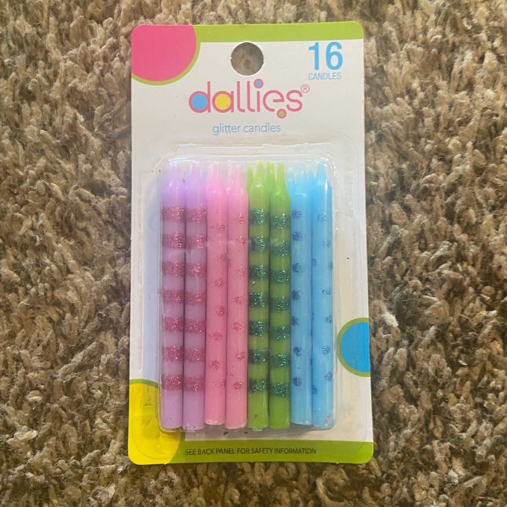 2/$5 | Dallies Glitter Candles | Purple, Pink, Green, Blue | 16 Candles